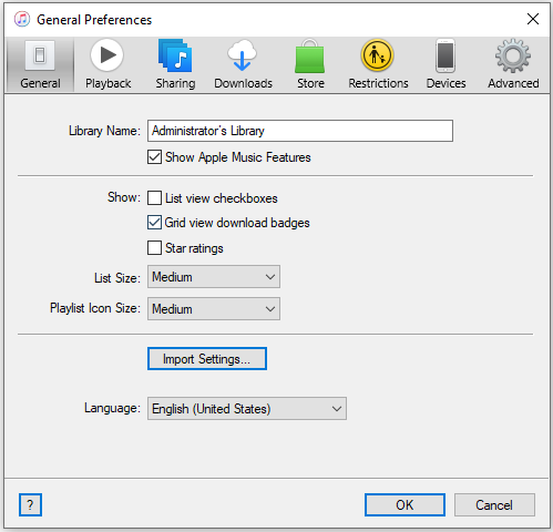 click Import Settings... under the General tab