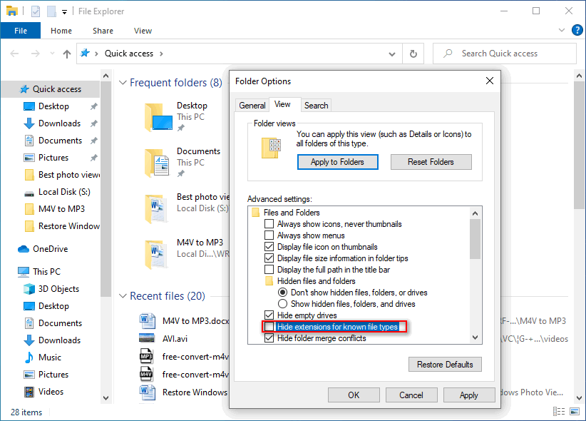 Hide extensions for known file types Windows
