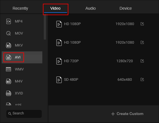 Select AVI as the Output format
