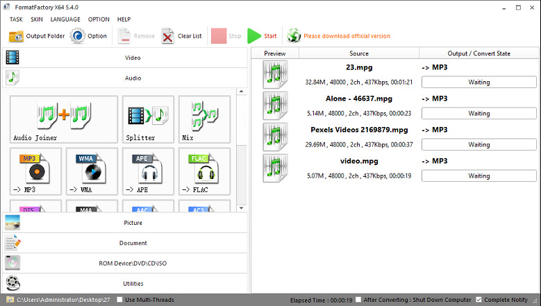 convert MPG to MP3 with Format Factory