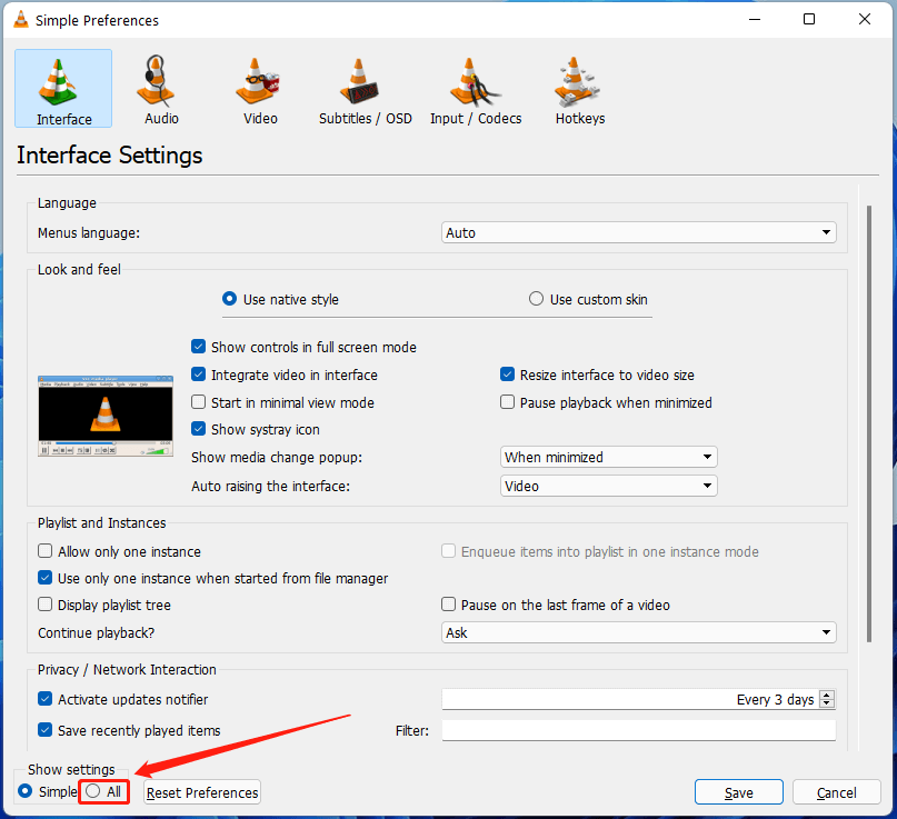 show all VLC settings