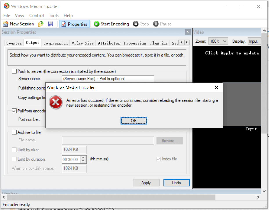 Windows Media Encoder new session error