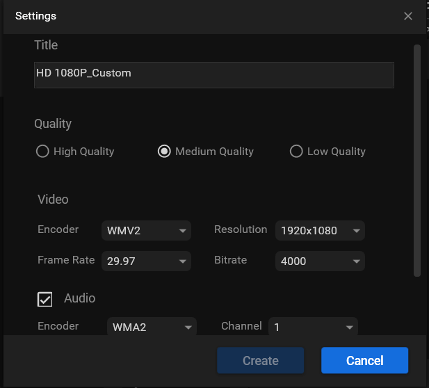 output video file format settings