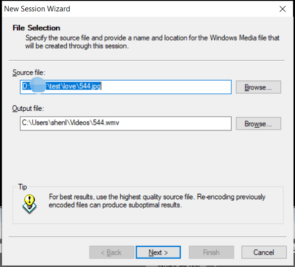 select source and output file in Windows Media Encoder New Session Wizard