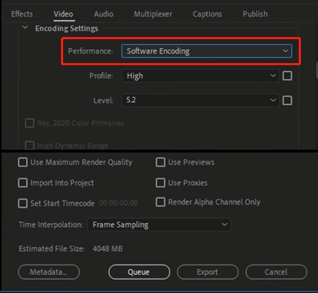 set software encoding to performance in Adobe Media Encoder