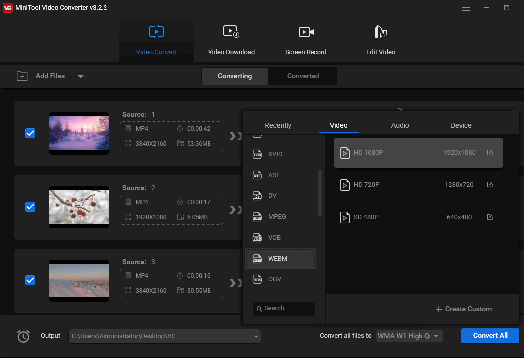convert video to WebM using MiniTool Video Converter