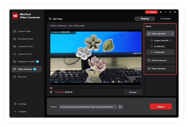 MiniTool Video Converter Video Enhancer page with the Mode section highlighted.