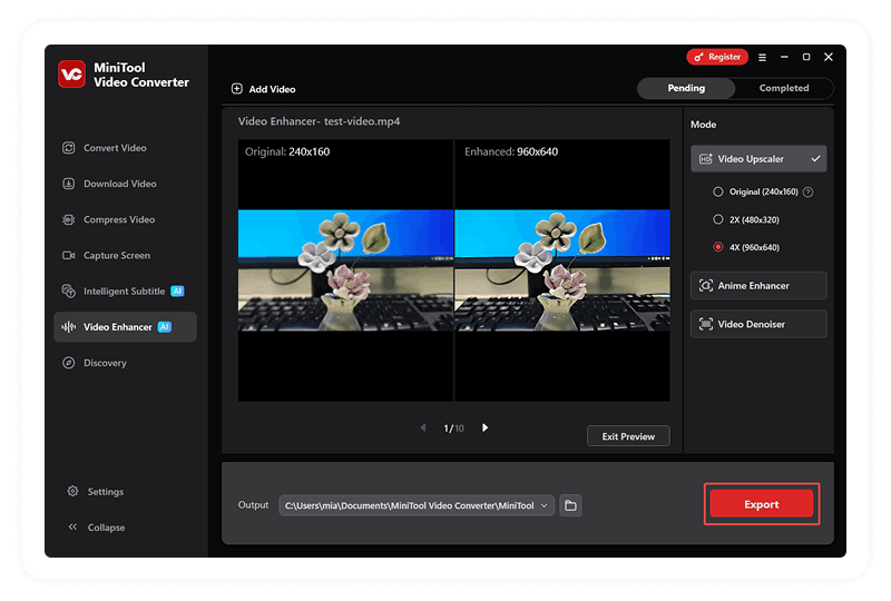 MiniTool Video Converter Video Enhancer Preview Page with the Export button selected.