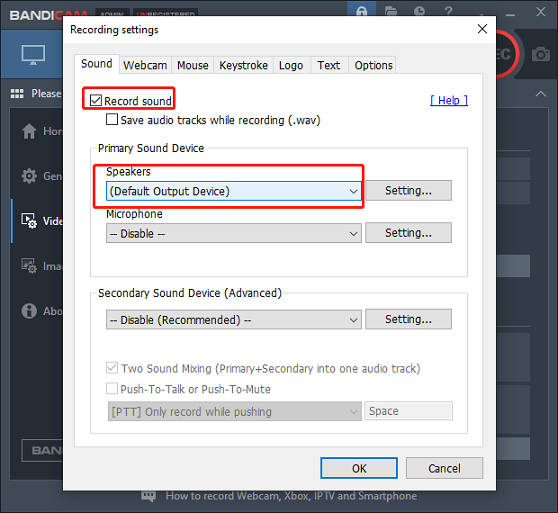 change sound settings in Bandicam