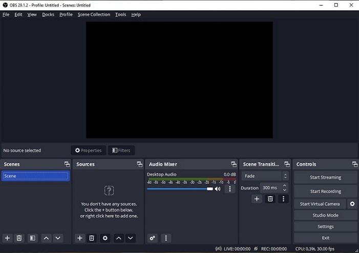 the interface of OBS Studio