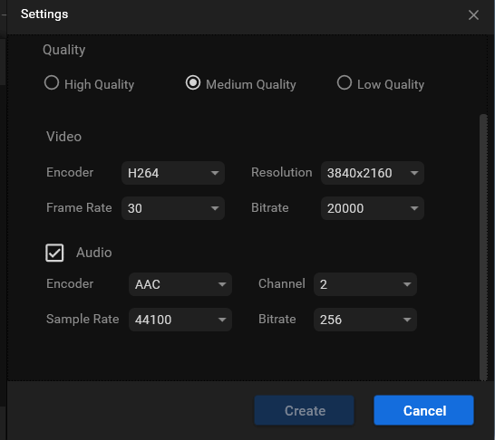 output video and audio parameter settings