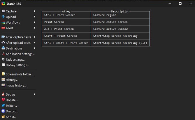 interface of ShareX