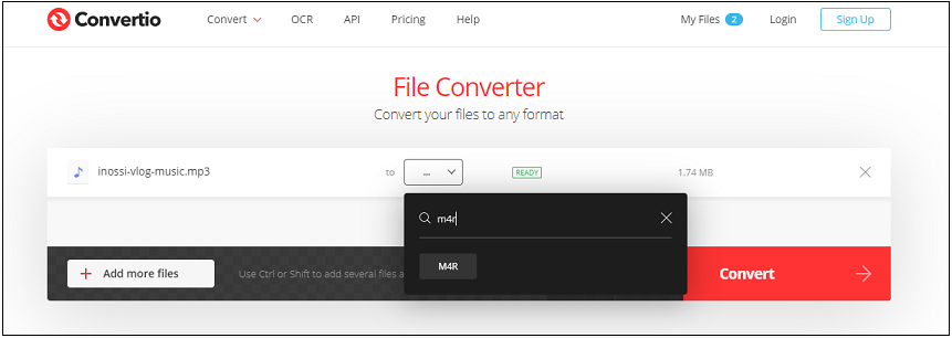 select the M4R option in Convertio