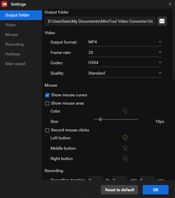 MiniTool Screen Recorder settings
