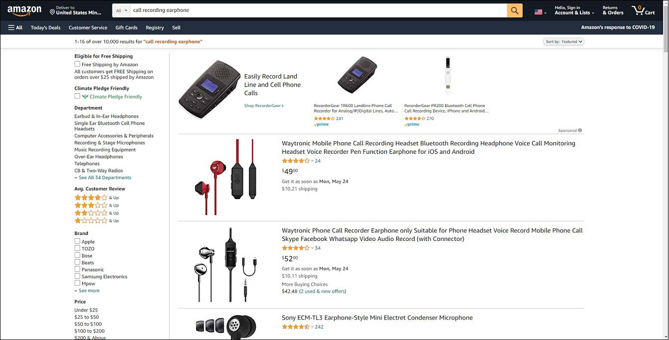 call recording earphone on Amazon