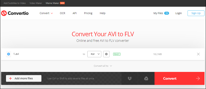 convert AVI to FLV online with Convertio