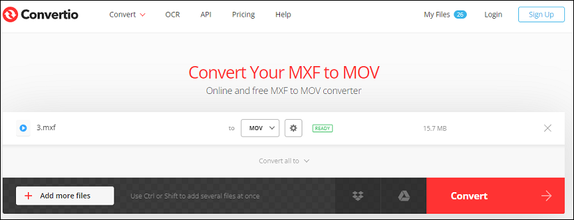 convert MXF to MOV online using Convertio
