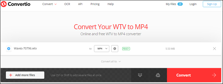 convert WTV to MP4 using Convertio