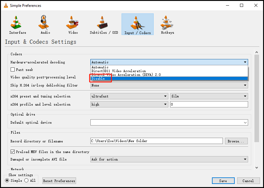 disable video acceleration in VLC