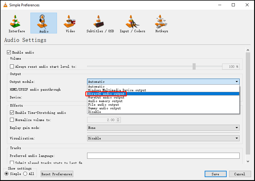 change audio output module in VLC