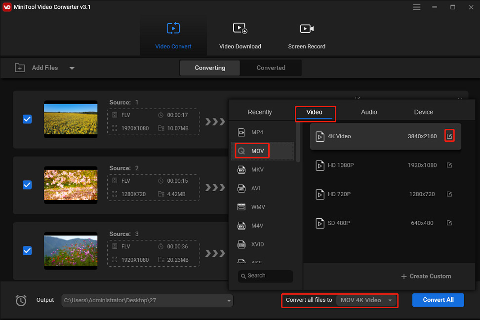 choose MOV as output format in MiniTool Video Converter