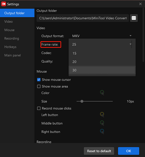 choose a frame rate to record screen