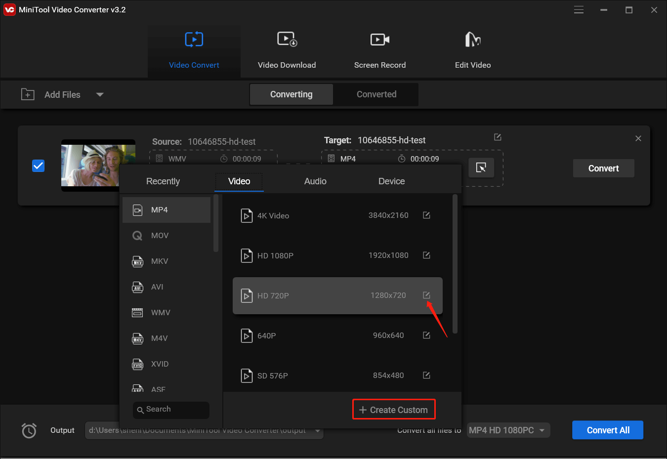 customize the format of the compressed video