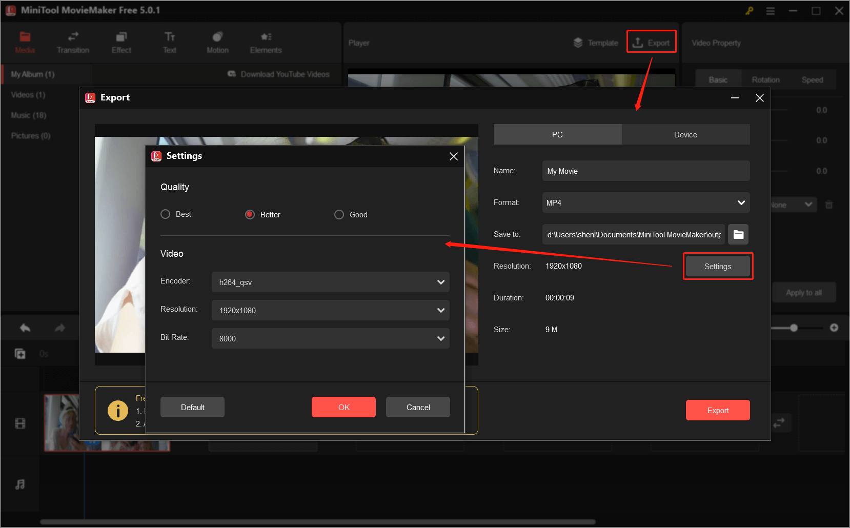 export a video with a specific format